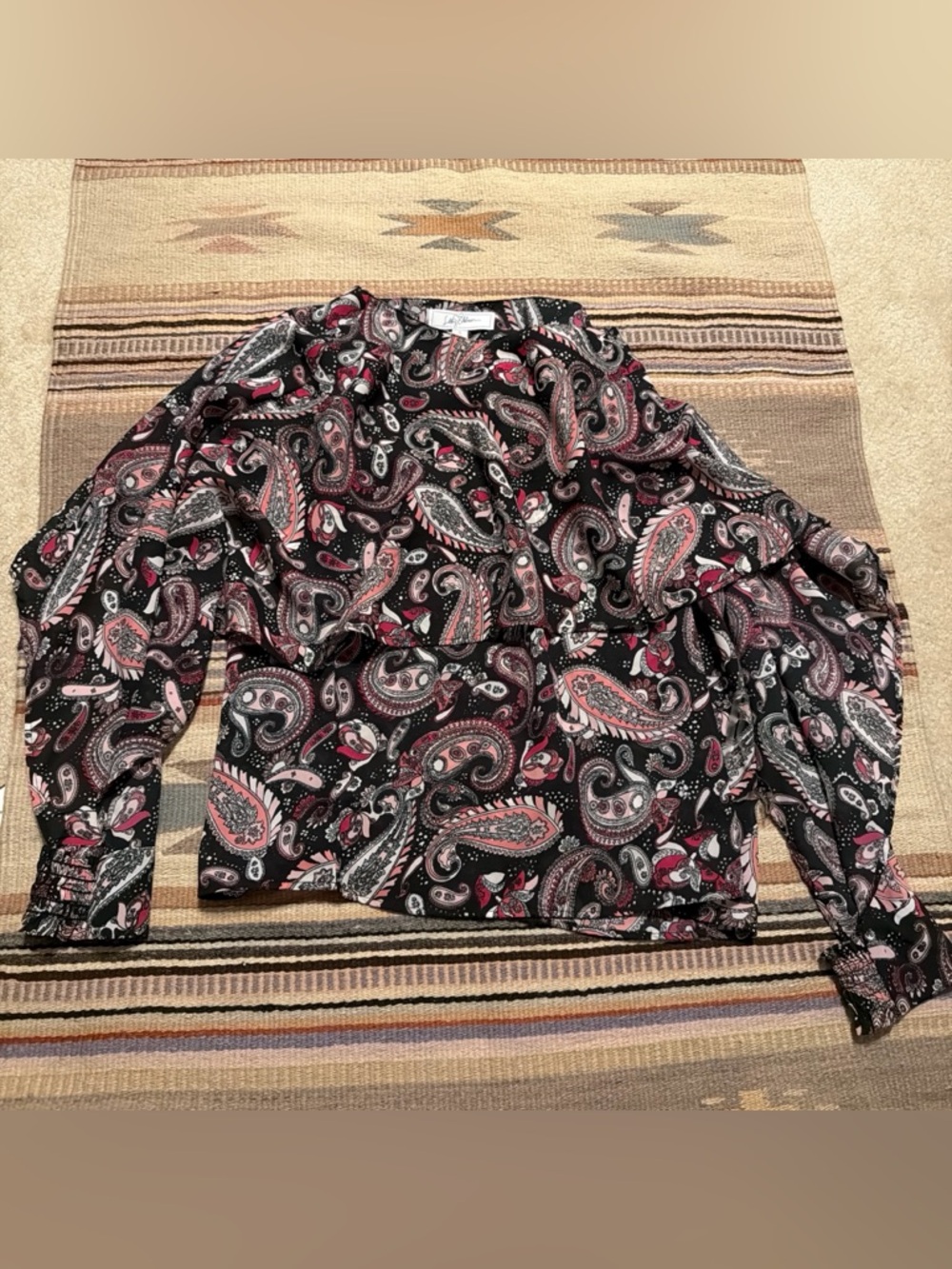 Paisley Print Ruffle Blouse in Black and Pink